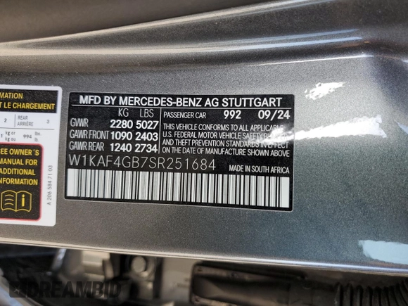 2025 Mercedes-Benz C 300 with VIN W1KAF4GB7SR251684, listed as a Copart auction lot 52391325 with 587 mi miles and Salvage Title. Bid and sale history available at DreamBid. Image 12.