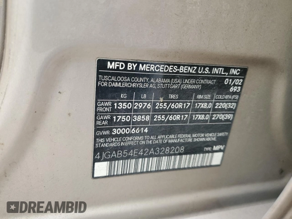 2002 Mercedes-Benz M-Class with VIN 4JGAB54E42A328208, listed as a Copart auction lot 66570984 with 0 mi miles and Salvage Title. Bid and sale history available at carsss.com. Image 15.