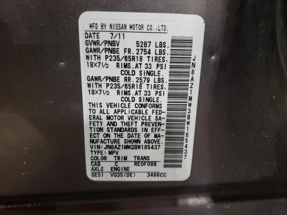 2011 Nissan Murano SV with VIN JN8AZ1MW3BW185437, listed as a Copart auction lot 50353745 with 238,190 mi miles and Salvage Title. Bid and sale history available at carsss.com. Image 13.