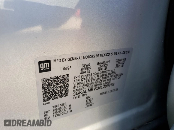 2022 GMC Terrain SLE z VIN 3GKALMEV1NL209768, wystawiony jako Copart lot #52562965 z przebiegiem 60 716 mil mil oraz Szkoda całkowita • Salvage title. Historia ofert i sprzedaży dostępna na DreamBid. Obrazek 13.
