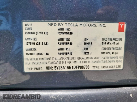 2013 Tesla Model S z VIN 5YJSA1AG1DFP08708, wystawiony jako Copart lot #58403985 z przebiegiem 120 809 mil mil oraz Szkoda całkowita • Salvage title. Historia ofert i sprzedaży dostępna na DreamBid. Obrazek 12.