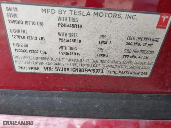 2013 Tesla Model S with VIN 5YJSA1CN9DFP09973, listed as a IAAI auction lot 41657188 with 61,546 mi miles. Bid and sale history available at carsss.com. Image 9.