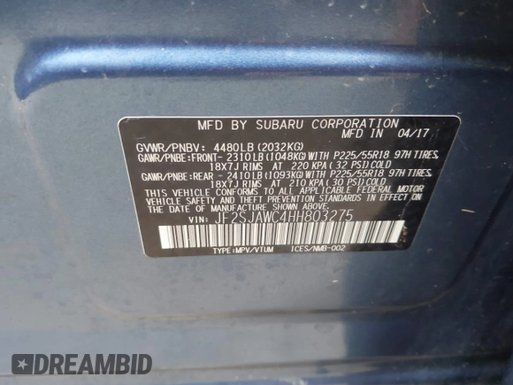 2017 Subaru Forester Touring with VIN JF2SJAWC4HH803275, listed as a IAAI auction lot 42109087 with 114,532 mi miles and . Bid and sale history available at DreamBid. Image 9.