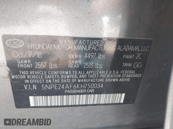 2019 Hyundai Sonata SE with VIN 5NPE24AF6KH750034, listed as a IAAI auction lot 41511943 with 116,871 mi miles. Bid and sale history available at carsss.com. Image 9.
