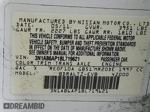2011 Nissan Sentra S with VIN 3N1AB6AP1BL719621, listed as a IAAI auction lot 42514045 with 178,869 mi miles and . Bid and sale history available at DreamBid. Image 9.