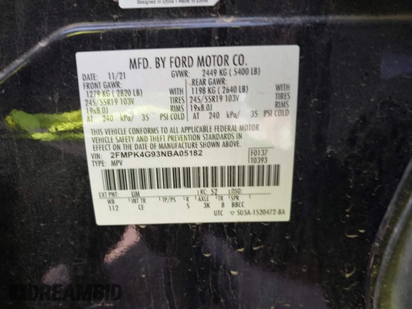 2022 Ford Edge SE with VIN 2FMPK4G93NBA05182, listed as a IAAI auction lot 42010325 with 90,934 mi miles and . Bid and sale history available at DreamBid. Image 9.