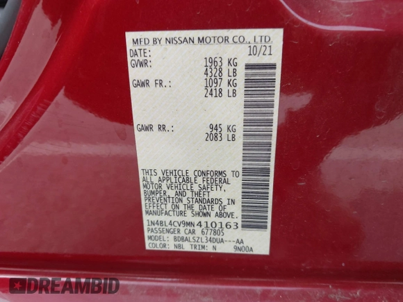 2021 Nissan Altima SR with VIN 1N4BL4CV9MN410163, listed as a IAAI auction lot 41856325 with 56,903 mi miles and . Bid and sale history available at carsss.com. Image 9.