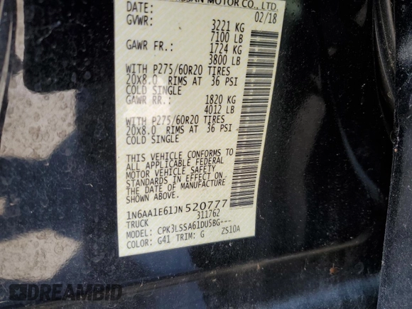2018 Nissan Titan SV with VIN 1N6AA1E61JN520777, listed as a Copart auction lot 50312605 with 62,122 mi miles and Salvage Title. Bid and sale history available at DreamBid. Image 12.