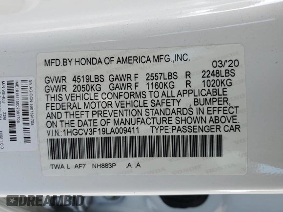 2020 Honda Accord with VIN 1HGCV3F19LA009411, listed as a Copart auction lot 45215105 with 59,328 mi miles and Salvage Title. Bid and sale history available at DreamBid. Image 13.