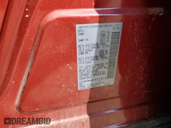 2016 Nissan Pathfinder SV z VIN 5N1AR2MM4GC657374, wystawiony jako Copart lot #57080195 z przebiegiem 92 296 mil mil oraz Czysty tytuł • Clean title. Historia ofert i sprzedaży dostępna na DreamBid. Obrazek 13.
