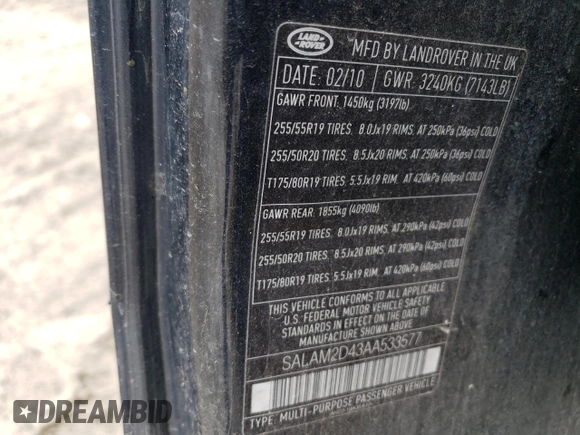 2010 Land Rover LR4 HSE with VIN SALAM2D43AA533577, listed as a Copart auction lot 54950975 with 163,218 mi miles and Clean Title. Bid and sale history available at DreamBid. Image 12.
