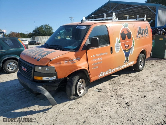 2023 GMC Savana Cargo Van with VIN 1GTW7AFP9P1187775, listed as a Copart auction lot 82986614 with 12,493 mi miles and Salvage Title. Bid and sale history available at carsss.com. Image 1.