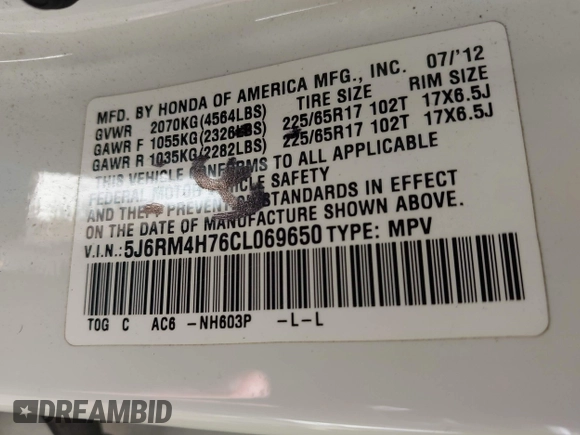 2012 Honda CR-V EX-L with VIN 5J6RM4H76CL069650, listed as a IAAI auction lot 42640309 with 223,747 mi miles and . Bid and sale history available at DreamBid. Image 9.