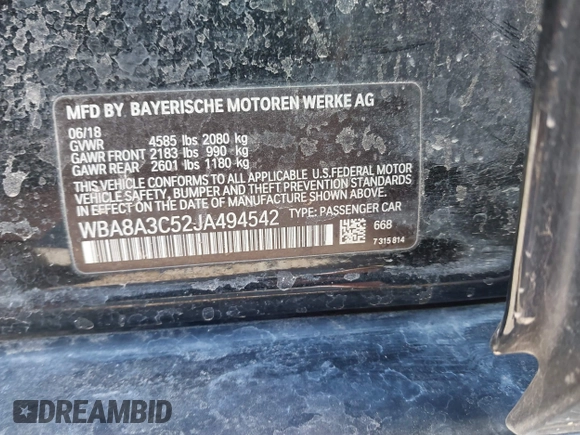 2018 BMW 3 Series 320i xDrive z VIN WBA8A3C52JA494542, wystawiony jako IAAI lot #41371426 z przebiegiem Nie podano mil oraz . Historia ofert i sprzedaży dostępna na DreamBid. Obrazek 9.