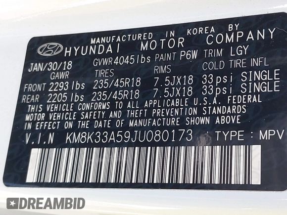 2018 Hyundai Kona Limited with VIN KM8K33A59JU080173, listed as a IAAI auction lot 42041992 with 37,513 mi miles. Bid and sale history available at carsss.com. Image 9.