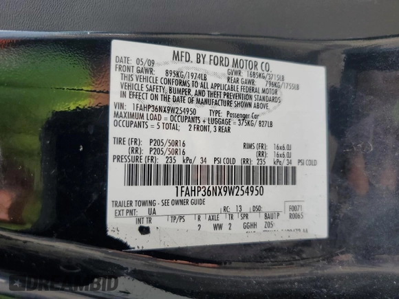 2009 Ford Focus SES with VIN 1FAHP36NX9W254950, listed as a Copart auction lot 70338674 with 197,107 mi miles and Salvage Title. Bid and sale history available at DreamBid. Image 12.