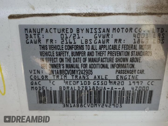 2021 Nissan Sentra SV with VIN 3N1AB8CV0MY242905, listed as a Copart auction lot 70700254 with Not Provided miles and Salvage Title. Bid and sale history available at DreamBid. Image 13.