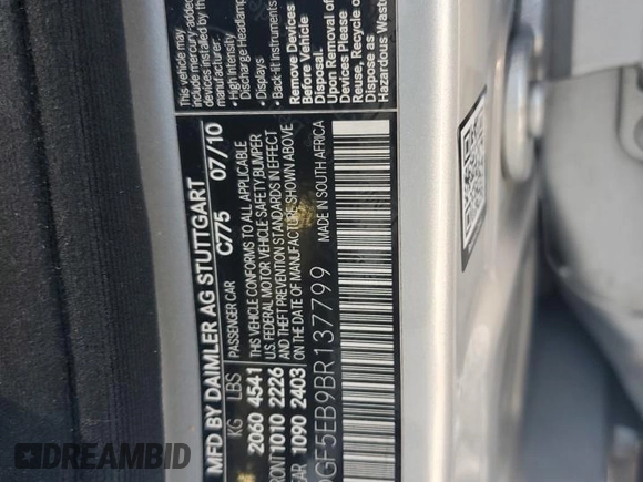 2011 Mercedes-Benz C 300 Sport с VIN WDDGF5EB9BR137799, выставлен на аукционе Copart как лот 58270265 с пробегом 159 192 миль миль и Списание • Salvage title. История ставок и продаж доступна на DreamBid. Изображение 13.