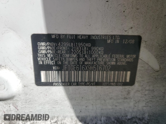 2009 Subaru Impreza i с VIN JF1GE616X9H516702, выставлен на аукционе Copart как лот 51707835 с пробегом 186 137 миль миль и Чистый • Clean title. История ставок и продаж доступна на DreamBid. Изображение 12.