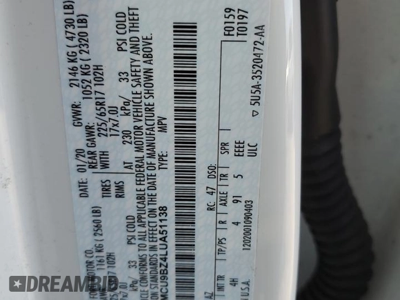 2020 Ford Escape SE Sport Hybrid with VIN 1FMCU9BZ4LUA51138, listed as a Copart auction lot 55186315 with 68,497 mi miles and Salvage title. Bid and sale history available at DreamBid. Image 13.