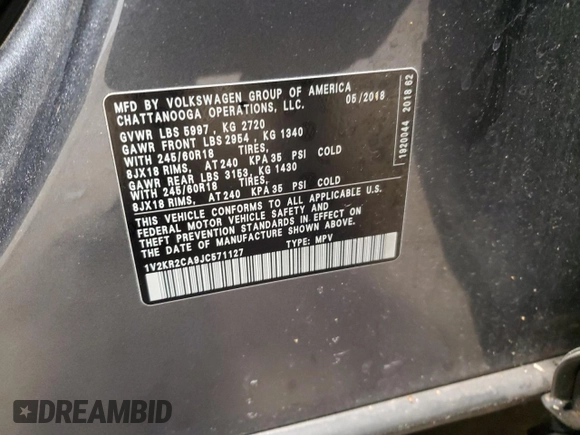 2018 Volkswagen Atlas SE with VIN 1V2KR2CA9JC571127, listed as a Copart auction lot 58188885 with 106,745 mi miles and Salvage title. Bid and sale history available at DreamBid. Image 13.
