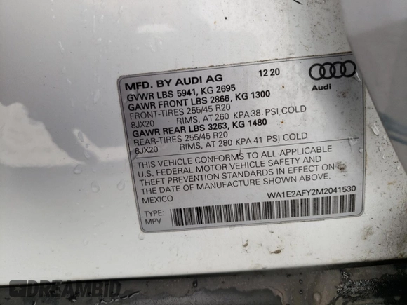 2021 Audi Q5 Premium Plus with VIN WA1E2AFY2M2041530, listed as a Copart auction lot 76736194 with 61,401 mi miles and Salvage Title. Bid and sale history available at carsss.com. Image 14.