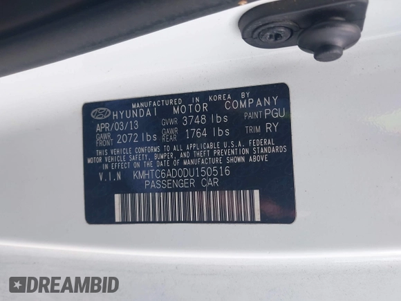 2013 Hyundai Veloster w/Gray Int with VIN KMHTC6AD0DU150516, listed as a IAAI auction lot 42164880 with 122,841 mi miles and . Bid and sale history available at DreamBid. Image 9.