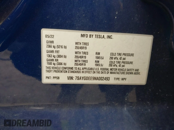 2022 Tesla Model Y Long Range z VIN 7SAYGDEE9NA002493, wystawiony jako IAAI lot #41756460 z przebiegiem 68 315 mil mil oraz . Historia ofert i sprzedaży dostępna na DreamBid. Obrazek 9.