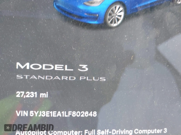 2020 Tesla Model 3 Standard Range Plus with VIN 5YJ3E1EA1LF802648, listed as a IAAI auction lot 42208034 with 27,231 mi miles and . Bid and sale history available at DreamBid. Image 7.