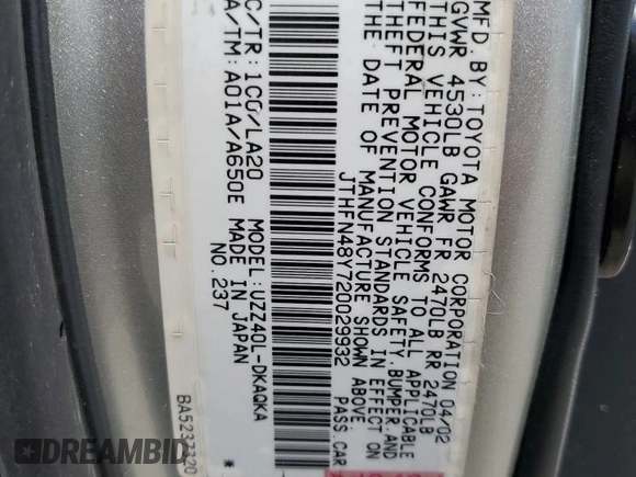 2002 Lexus SC 430 with VIN JTHFN48Y720029932, listed as a Copart auction lot 69795974 with 146,548 mi miles and Salvage Title. Bid and sale history available at DreamBid. Image 13.