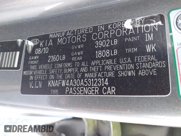 2010 Kia Forte SX with VIN KNAFW4A30A5312314, listed as a IAAI auction lot 41731007 with 169,466 mi miles. Bid and sale history available at carsss.com. Image 9.