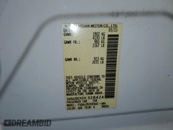 2015 Nissan LEAF SV with VIN 1N4AZ0CP2FC328424, listed as a Copart auction lot 76894983 with 47,224 mi miles and . Bid and sale history available at DreamBid. Image 12.