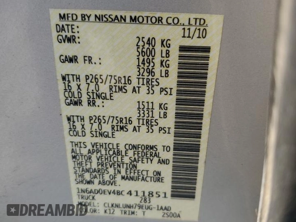 2011 Nissan Frontier Pro-4X with VIN 1N6AD0EV4BC411851, listed as a Copart auction lot 58972745 with Not provided miles and Salvage title. Bid and sale history available at DreamBid. Image 12.