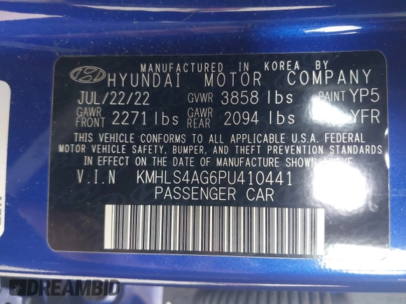 2023 Hyundai Elantra SEL with VIN KMHLS4AG6PU410441, listed as a IAAI auction lot 42000566 with 47,103 mi miles and . Bid and sale history available at DreamBid. Image 9.
