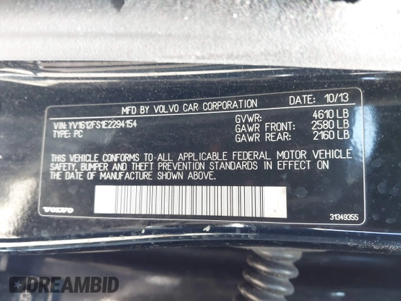 2014 Volvo S60 T5 with VIN YV1612FS1E2294154, listed as a IAAI auction lot 42046636 with 165,257 mi miles. Bid and sale history available at carsss.com. Image 9.
