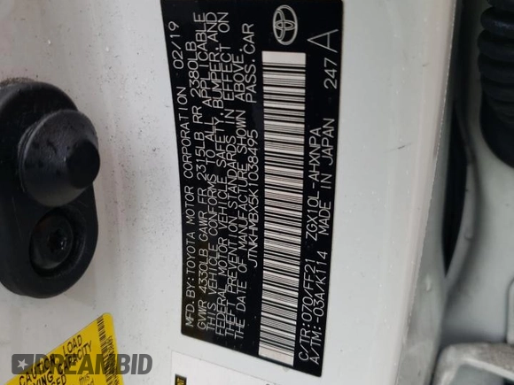 2019 Toyota C-HR XLE with VIN JTNKHMBX5K1038495, listed as a Copart auction lot 48572195 with 66,126 mi miles and Salvage Title. Bid and sale history available at DreamBid. Image 15.