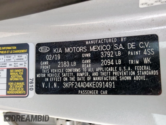 2019 Kia Forte LXS with VIN 3KPF24AD4KE091491, listed as a Copart auction lot 57392625 with 105,931 mi miles and Salvage title. Bid and sale history available at DreamBid. Image 12.