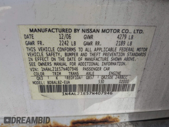2007 Nissan Altima 2.5 S with VIN 1N4AL21E57N407946, listed as a IAAI auction lot 42003105 with 171,030 mi miles. Bid and sale history available at carsss.com. Image 9.