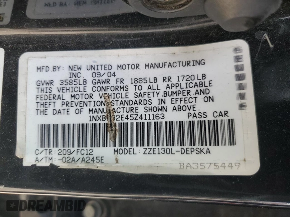 2005 Toyota Corolla CE with VIN 1NXBR32E45Z411163, listed as a Copart auction lot 44561615 with 185,479 mi miles and Salvage Title. Bid and sale history available at DreamBid. Image 12.