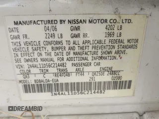 2006 Nissan Altima 2.5 S with VIN 1N4AL11D56C214482, listed as a IAAI auction lot 42028305 with 1 mi miles. Bid and sale history available at carsss.com. Image 9.