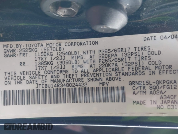 2004 Toyota 4Runner SR5 with VIN JTEBU14R348024422, listed as a IAAI auction lot 42007051 with 156,289 mi miles and . Bid and sale history available at DreamBid. Image 9.