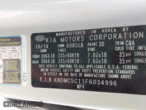2015 Kia Sedona EX with VIN KNDMC5C11F6034996, listed as a IAAI auction lot 41861066 with 95,506 mi miles. Bid and sale history available at carsss.com. Image 9.