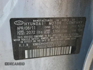2011 Hyundai Elantra GLS with VIN KMHDH4AE0BU150533, listed as a Copart auction lot 60357125 with 51,718 mi miles and Salvage title. Bid and sale history available at DreamBid. Image 12.