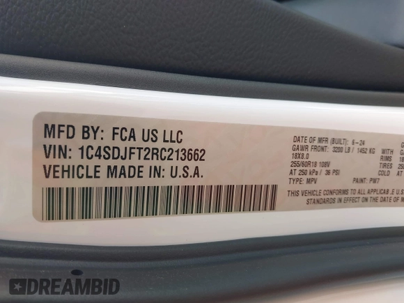 2024 Dodge Durango Special Service with VIN 1C4SDJFT2RC213662, listed as a IAAI auction lot 42074058 with 1,238 mi miles and . Bid and sale history available at DreamBid. Image 9.
