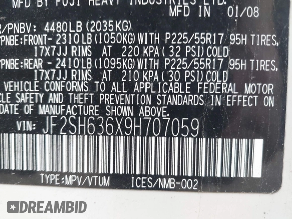 2009 Subaru Forester X with VIN JF2SH636X9H707059, listed as a IAAI auction lot 42358208 with 120,584 mi miles and . Bid and sale history available at DreamBid. Image 9.