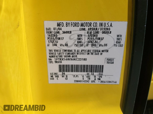 2004 Ford F-150 STX with VIN 1FTRX14WX4KC23180, listed as a Copart auction lot 47877655 with 144,269 mi miles and Salvage title. Bid and sale history available at DreamBid. Image 15.