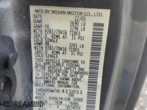 2006 Nissan Frontier SE with VIN 1N6AD06W76C415051, listed as a Copart auction lot 57486555 with 162,012 mi miles and Salvage title. Bid and sale history available at DreamBid. Image 12.