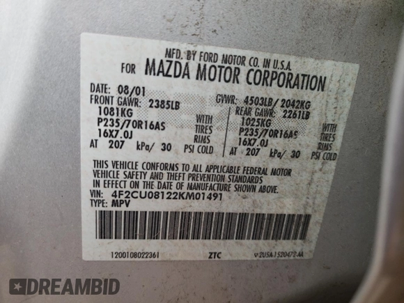 2002 Mazda Tribute LX with VIN 4F2CU08122KM01491, listed as a Copart auction lot 45290265 with 134,141 mi miles and Salvage Title. Bid and sale history available at carsss.com. Image 13.