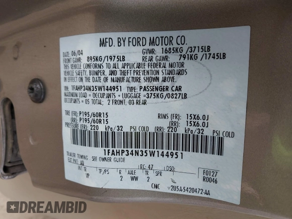 2005 Ford Focus S with VIN 1FAHP34N35W144951, listed as a IAAI auction lot 41880459 with 141,333 mi miles and . Bid and sale history available at carsss.com. Image 9.