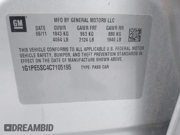 2012 Chevrolet Cruze 1FL with VIN 1G1PE5SC4C7105195, listed as a IAAI auction lot 42055198 with 158,694 mi miles and . Bid and sale history available at DreamBid. Image 9.